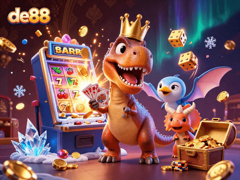 Experience thrilling gameplay with de88 in a vibrant 3D casino scene featuring playful dinosaurs.
