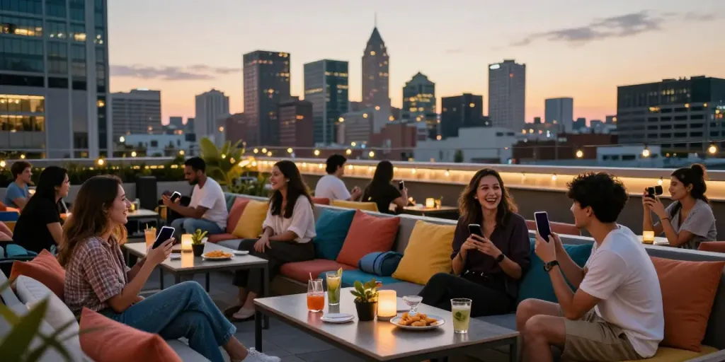 Gathering at rooftop lounge enjoying rokok 88 refreshments with city skyline.
