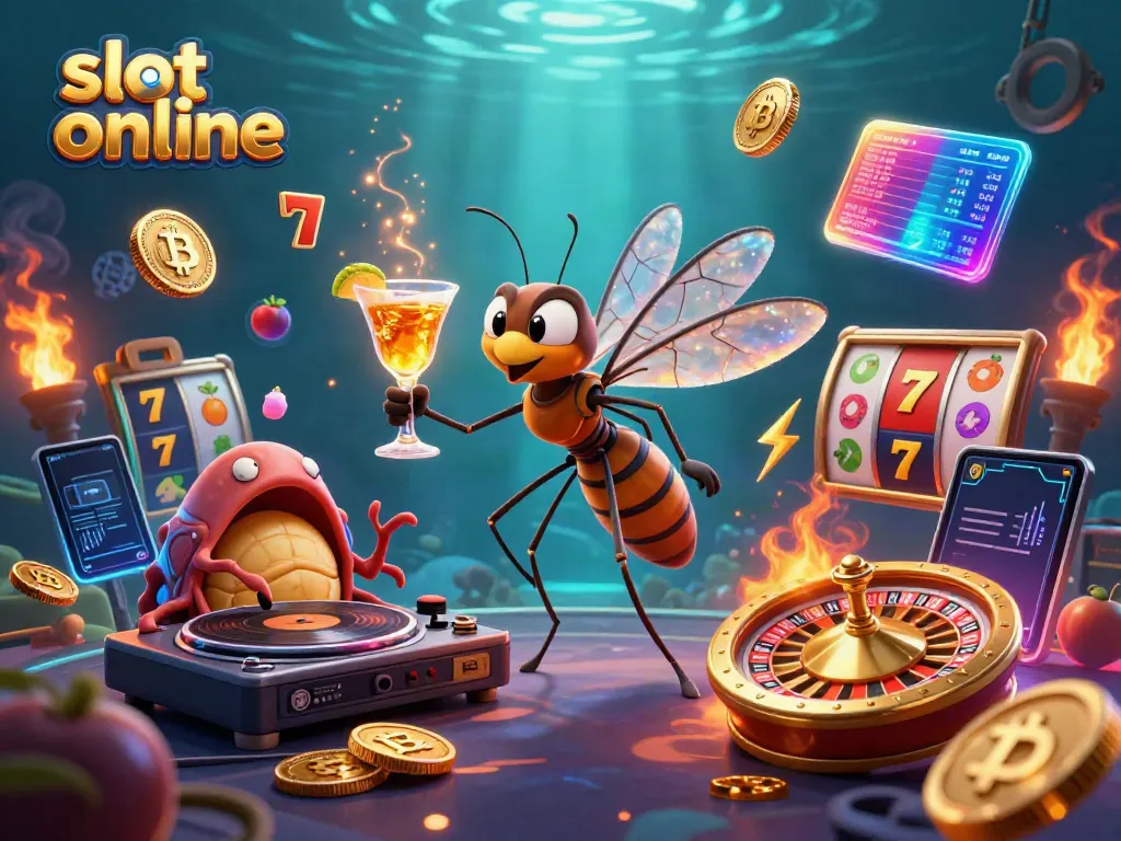 Spin slot online and win big in this vibrant 3D illustration featuring unique casino characters.