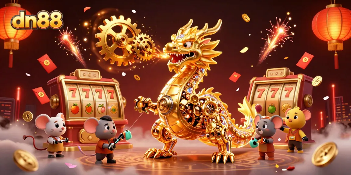 Play exciting slot games with dn88, featuring a golden dragon and vibrant casino elements.