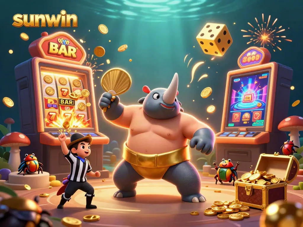 Experience the thrill of sunwin with a powerful stampede of coins and 3D characters in a lively casino setting.