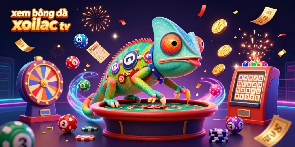 Xem bóng đá xoilac tv illustrated scene featuring a colorful, lively casino environment with a chameleon character and dynamic game elements.
