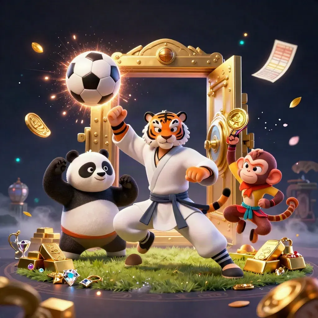 Tiger, panda och apa vid ett gyllene valv med bollar, guld och blått magiskt sken.