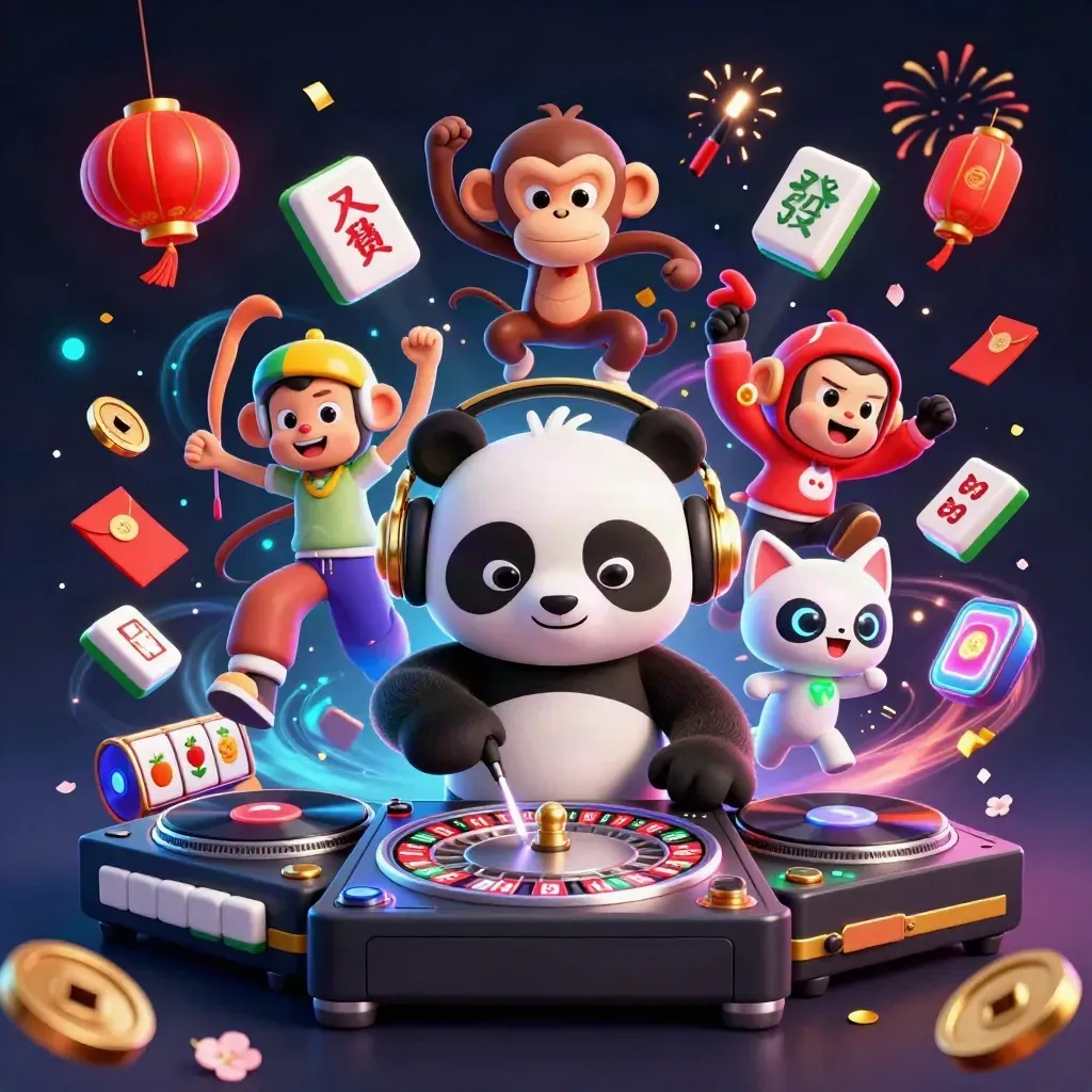 DJ-panda, dansande apa och glow-stick-katt i neonblått casinoäventyr med mynt och fyrverkerier