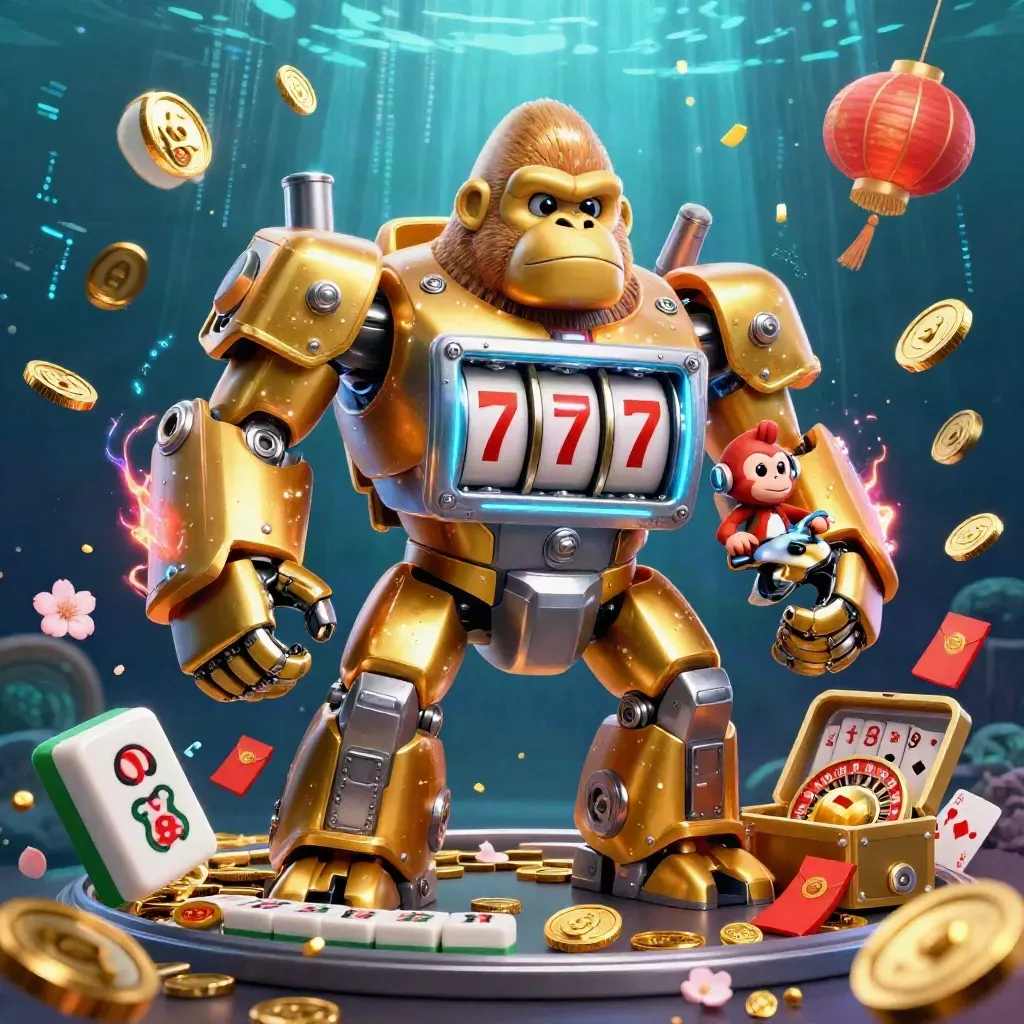 Gyllene gorillamech med liten apa, mynt, lanternor och fyrverkerier i mörk casinostil.