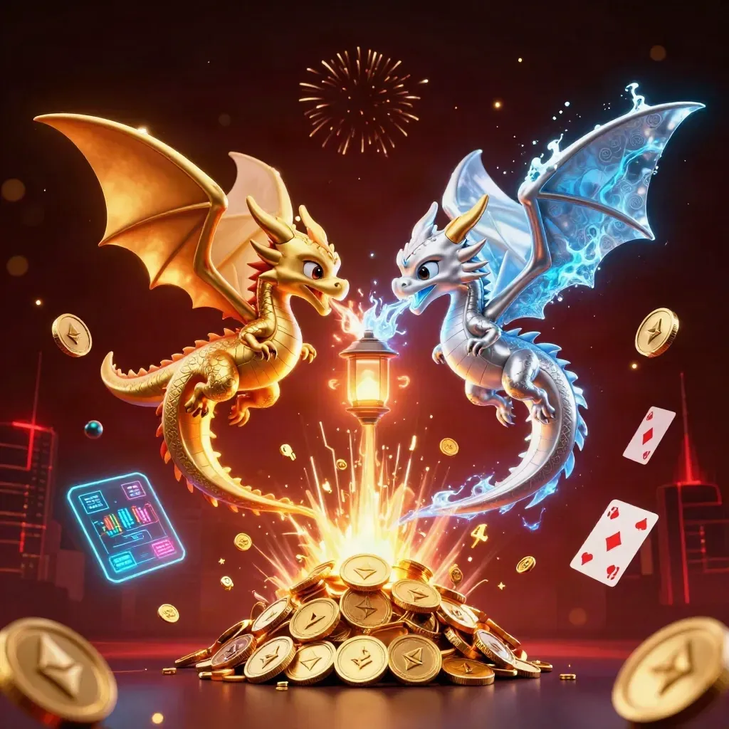 Två drakar i guld och silver flyger i yin-yang bland mynt, eld, is och ljuseffekter.