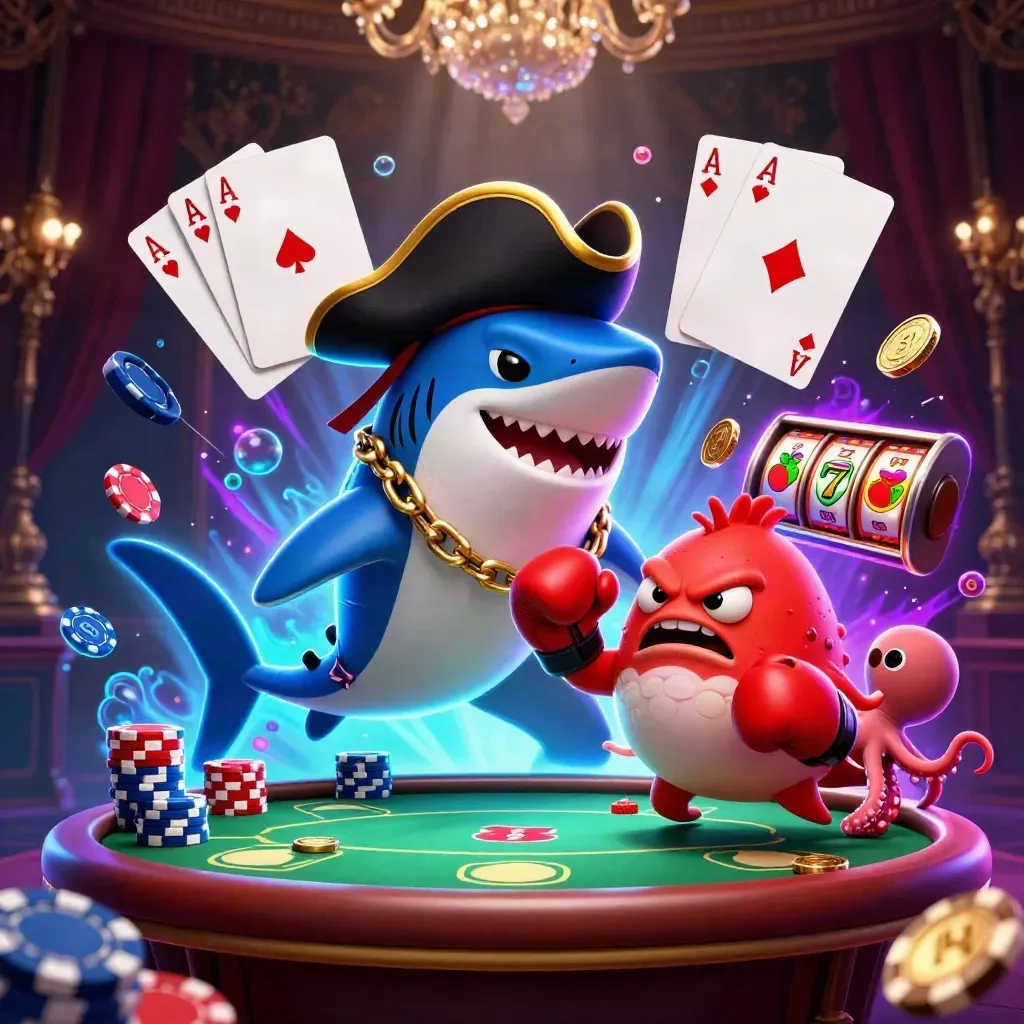 Piratshark, arg blåsfisk och babybläckfisk runt pokerbord med kort, mynt och slotdetaljer.