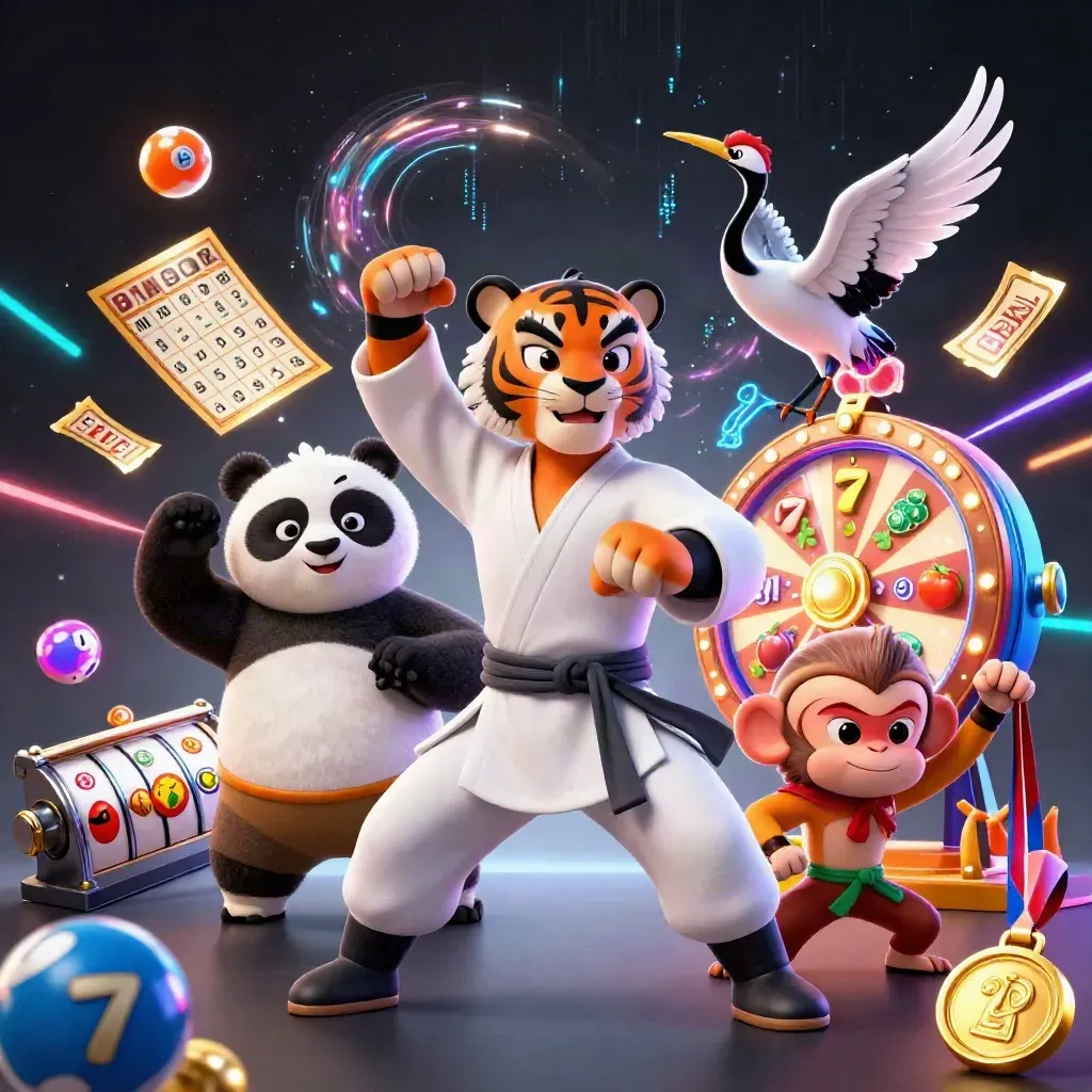 Tiger, panda och apa i kampsport bland spelhjul, lotteribollar och blå neon.