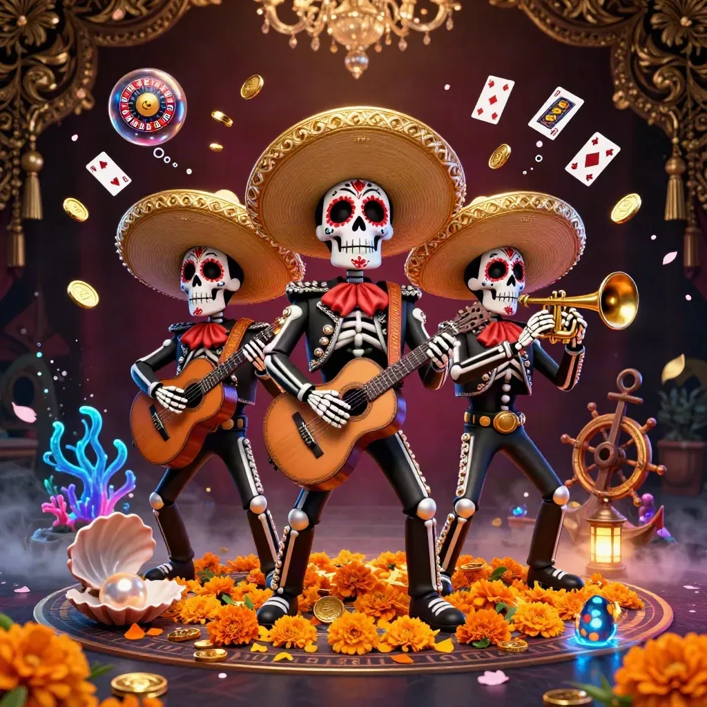 Tre skelettmariachis spelar bland guldmynt, koraller och blått neon i lyxig casinoestetik.