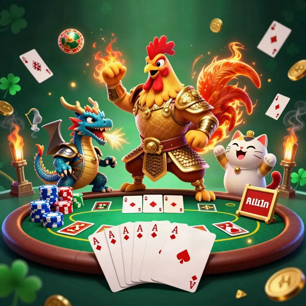 Fighting rooster, drakhatchling och lyckokatt kring pokerbord i neon och guld.