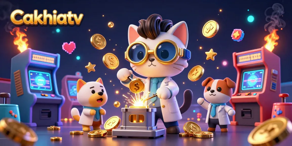 Cakhiatv showcases a mad scientist cat and assistant dog in a dynamic casino-themed scene.