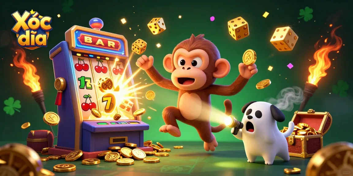 Xóc đĩa scene showcasing a playful ghost monkey and puppy in a bustling casino environment.
